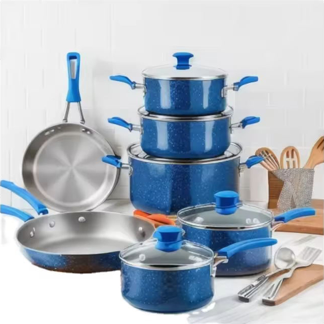 Set Peralatan Masak Harga Kompetitif dengan Panci Panggangan 13 Buah Set Peralatan Masak Bermerek Set Peralatan Masak Berlapis Granit Ganda